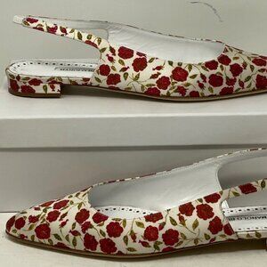 Manolo Blahnik SAWRA Satin Slingback Flats Pumps 39 EU / 9 US Floral Red